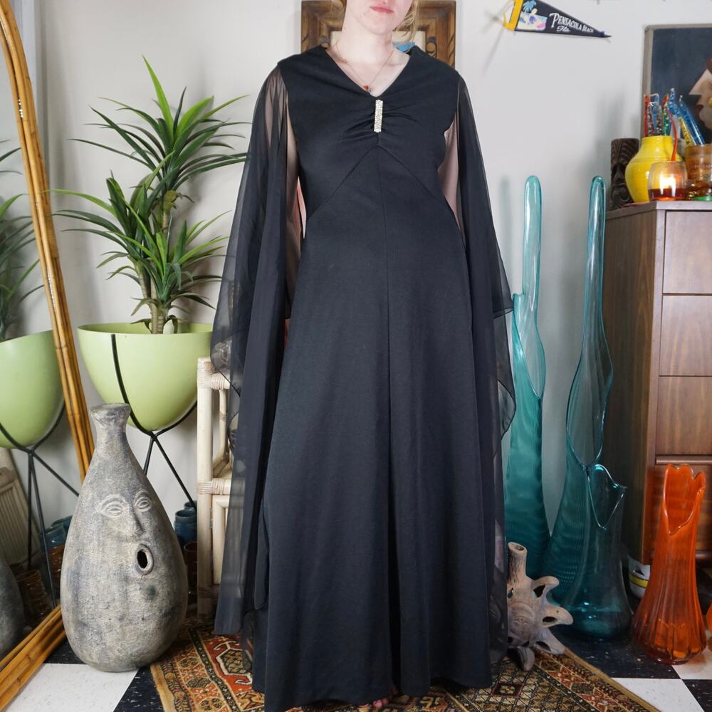 Vintage 60s flutter batwing a line black maxi formal dress